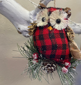 Plaid Owl Pine Cone Ornament - Red
