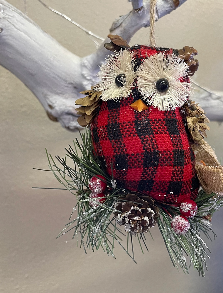 Plaid Owl Pine Cone Ornament - Red