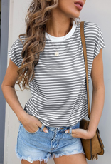 Crew Neck Striped Short Sleeve Top - Grey