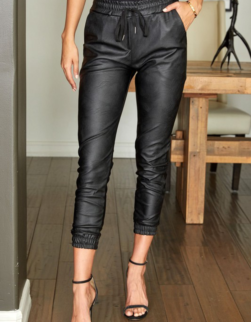 On The Go Faux Leather Joggers - Black - Boutique 23