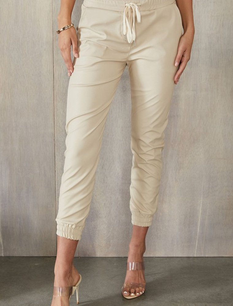 On The Go Faux Leather Joggers - Cream