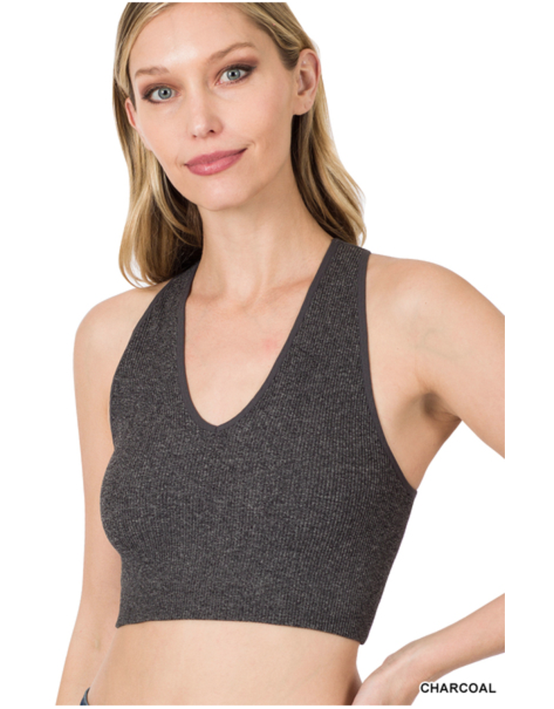 Ribbed Cropped Racerback Tank Top - Charcoal