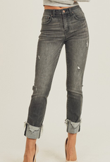 Mid Rise Frayed Cuff Ankle Straight Jeans