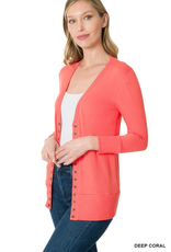 Snap Cardigan 3/4 Sleeve - Deep Coral