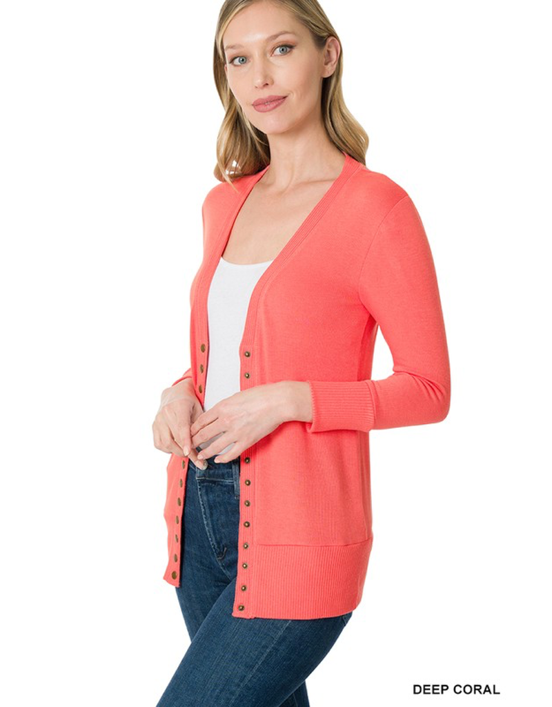 Snap Cardigan 3/4 Sleeve - Deep Coral