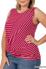 Striped Knot Front Tank Top - Burgundy