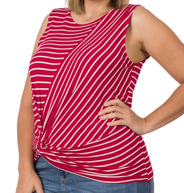 Striped Knot Front Tank Top - Burgundy