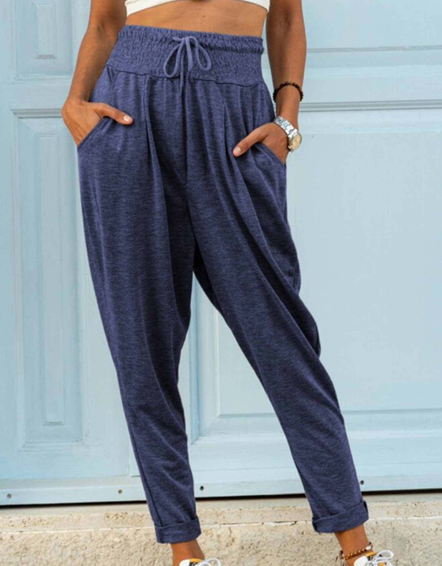 Smocked Waist Pocketed Harem Pants 