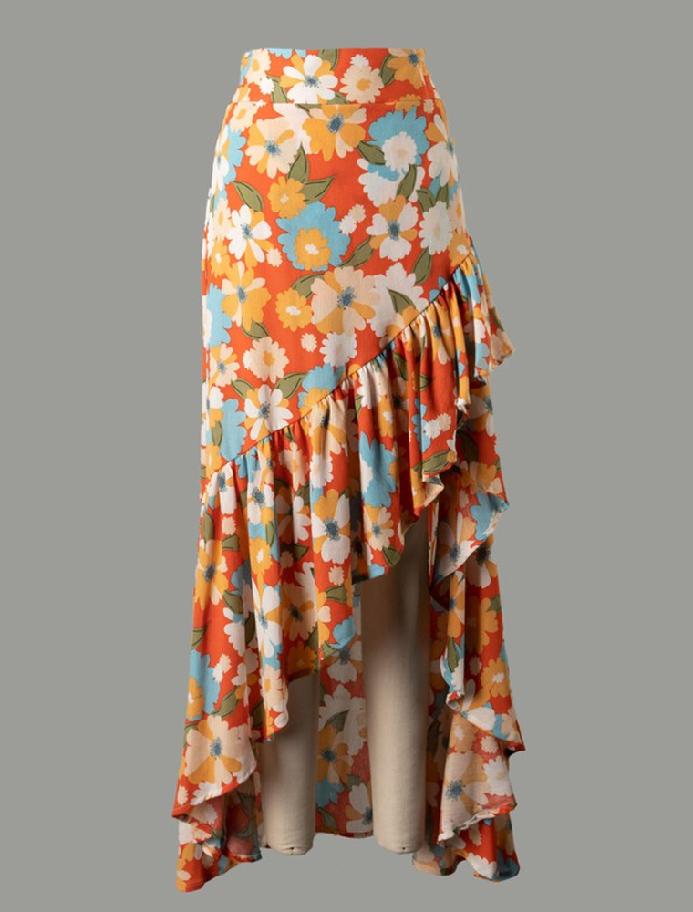 Floral Wrap Skirt With Ruffle