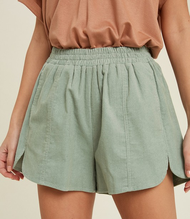 Casual Corduroy Shorts With Side Slit - Dark Sage