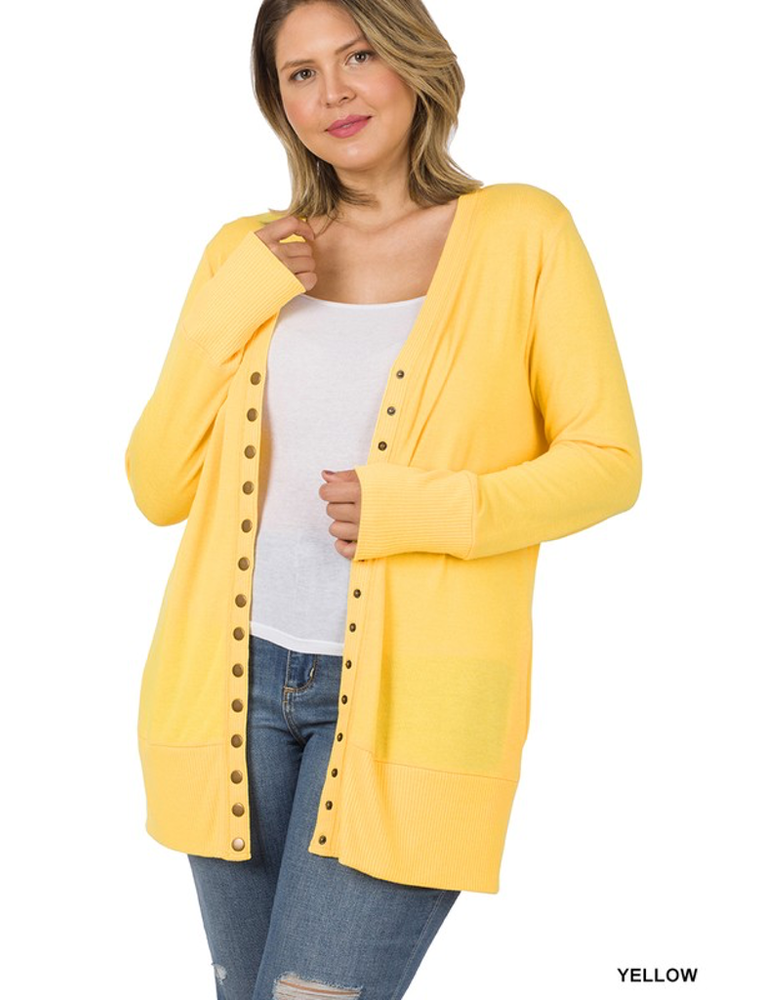 Snap Cardigan Full Sleeve With Pockets - Yellow