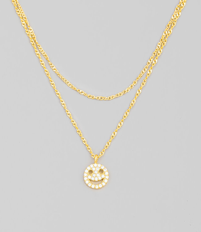 Dainty Layered Chain Pave Smiley Face Necklace