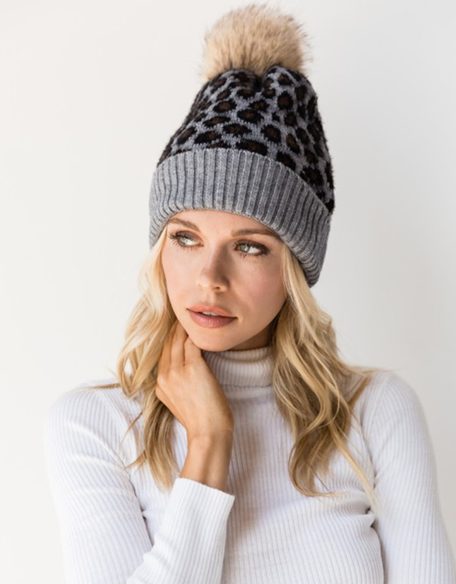 Leopard Pom Pom Hat -Grey - Boutique 23