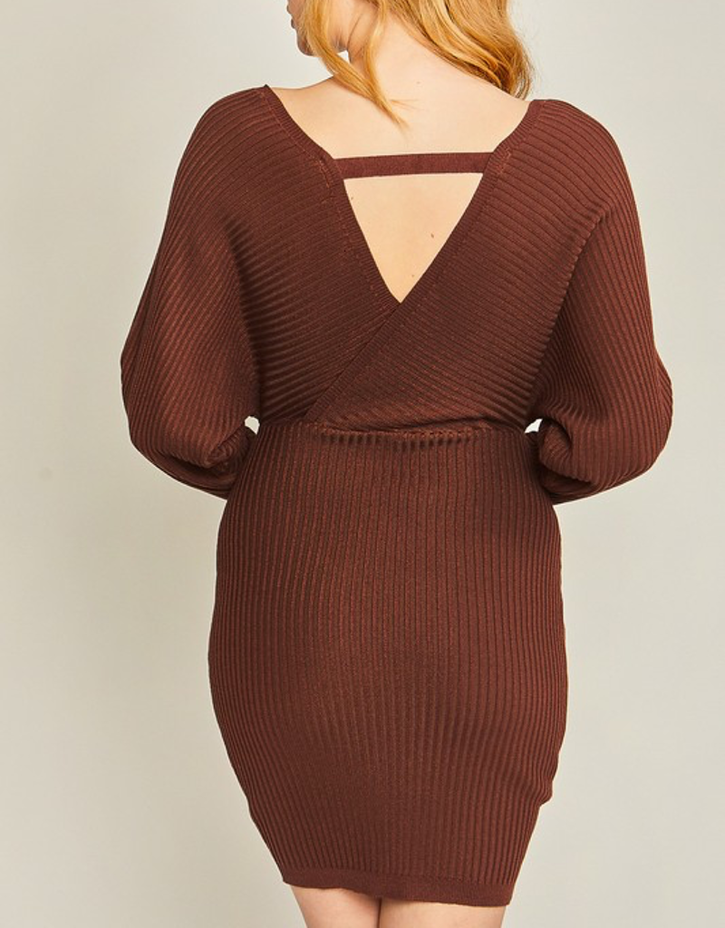 V Neck Sweater Dress - Brown