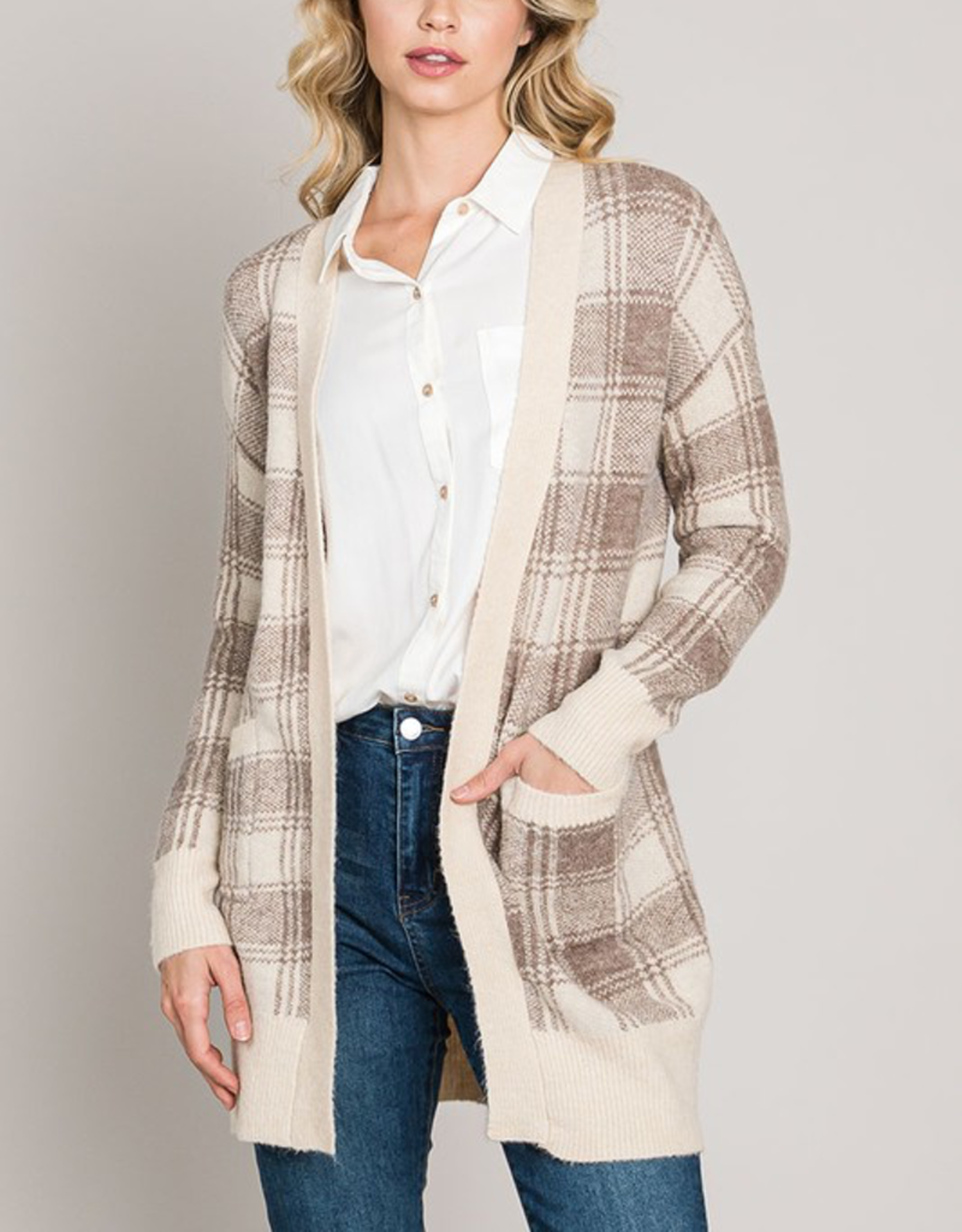 Long Plaid Cardigan - Taupe - Boutique 23
