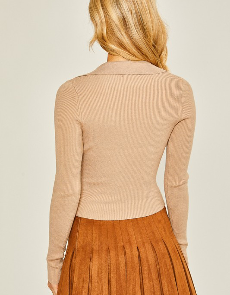 Collared V Neck Sweater Top - Taupe