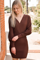 V Neck Sweater Dress - Brown