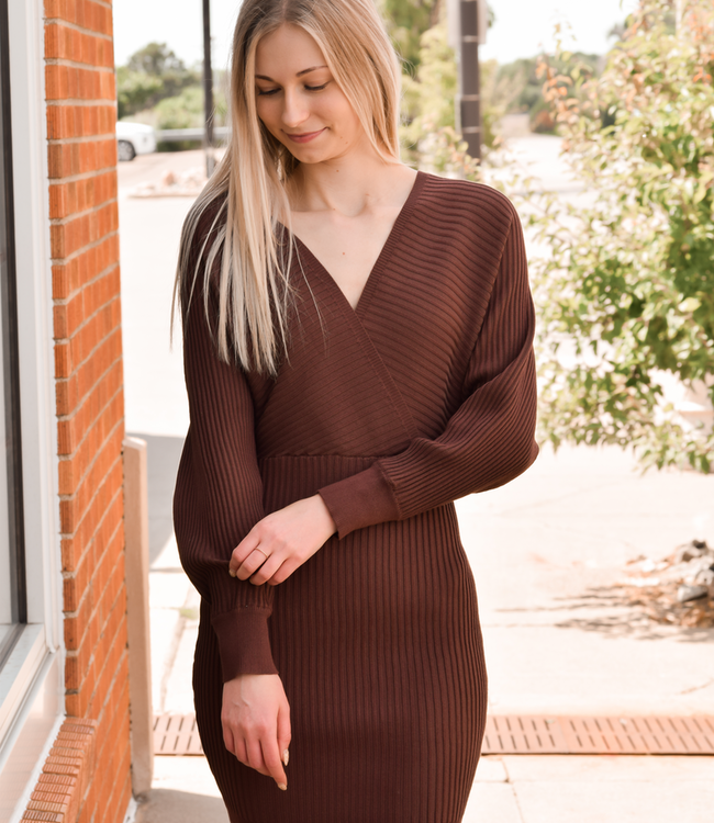 V Neck Sweater Dress - Brown