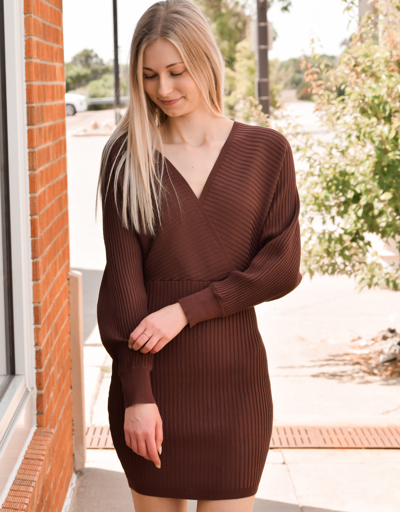 V Neck Sweater Dress - Brown