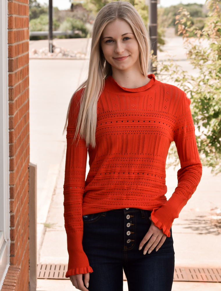Hollow-Out Knitted Long Sleeve Top With Ruffle