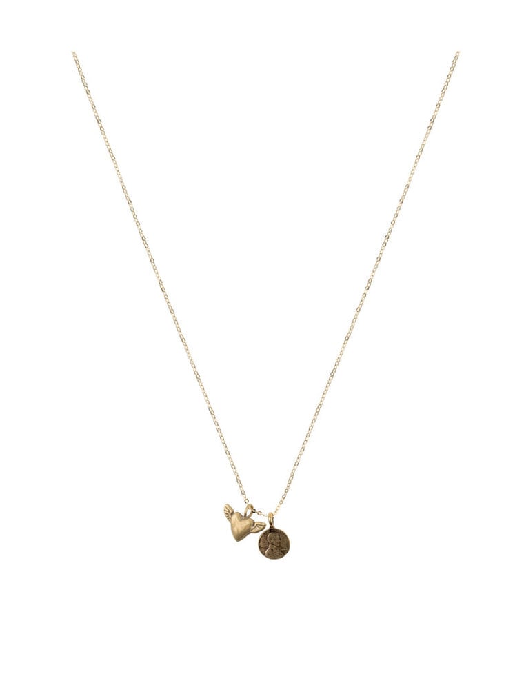 Petite Penny Necklace w/ Heart & Wings - Gold