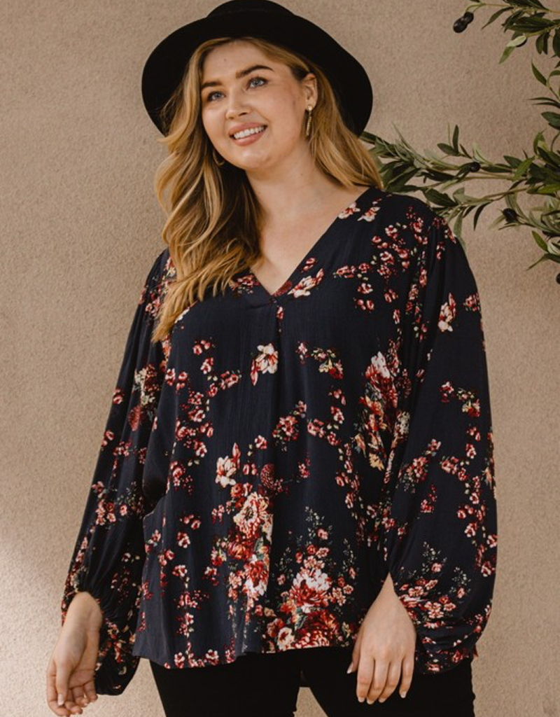 Floral Print Balloon Sleeves Blouse - Boutique 23