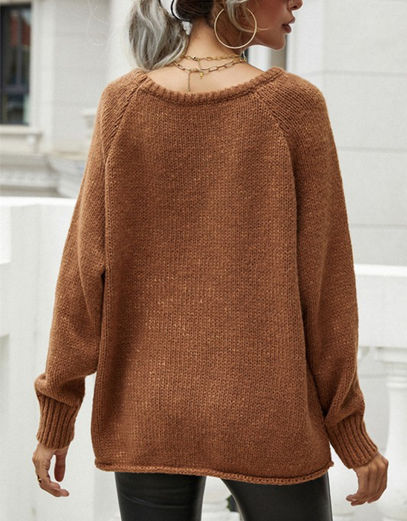 Wide Round Neck Pullover Sweater - Mocha