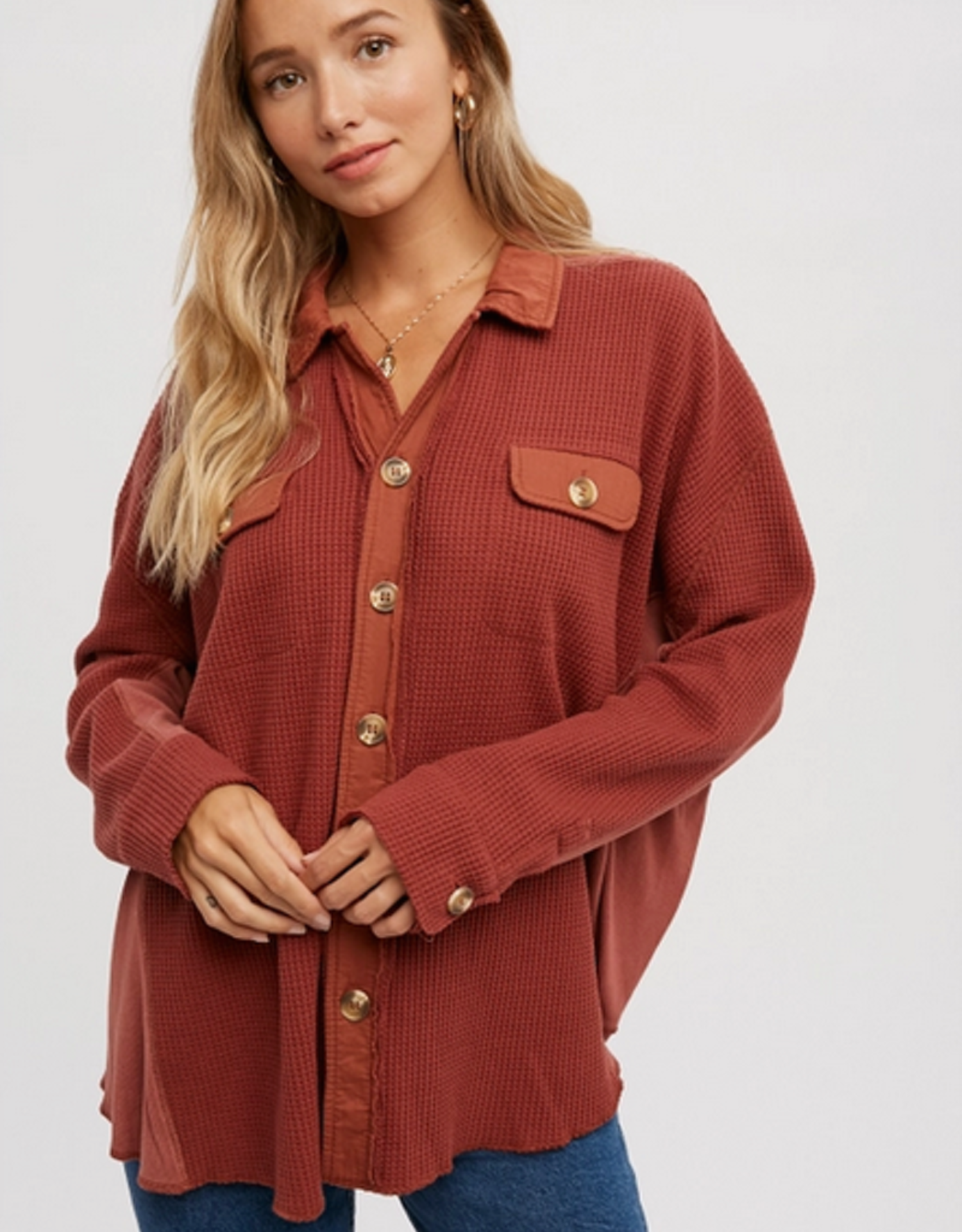 Slouchy Waffle Knit Jacket - Brick 