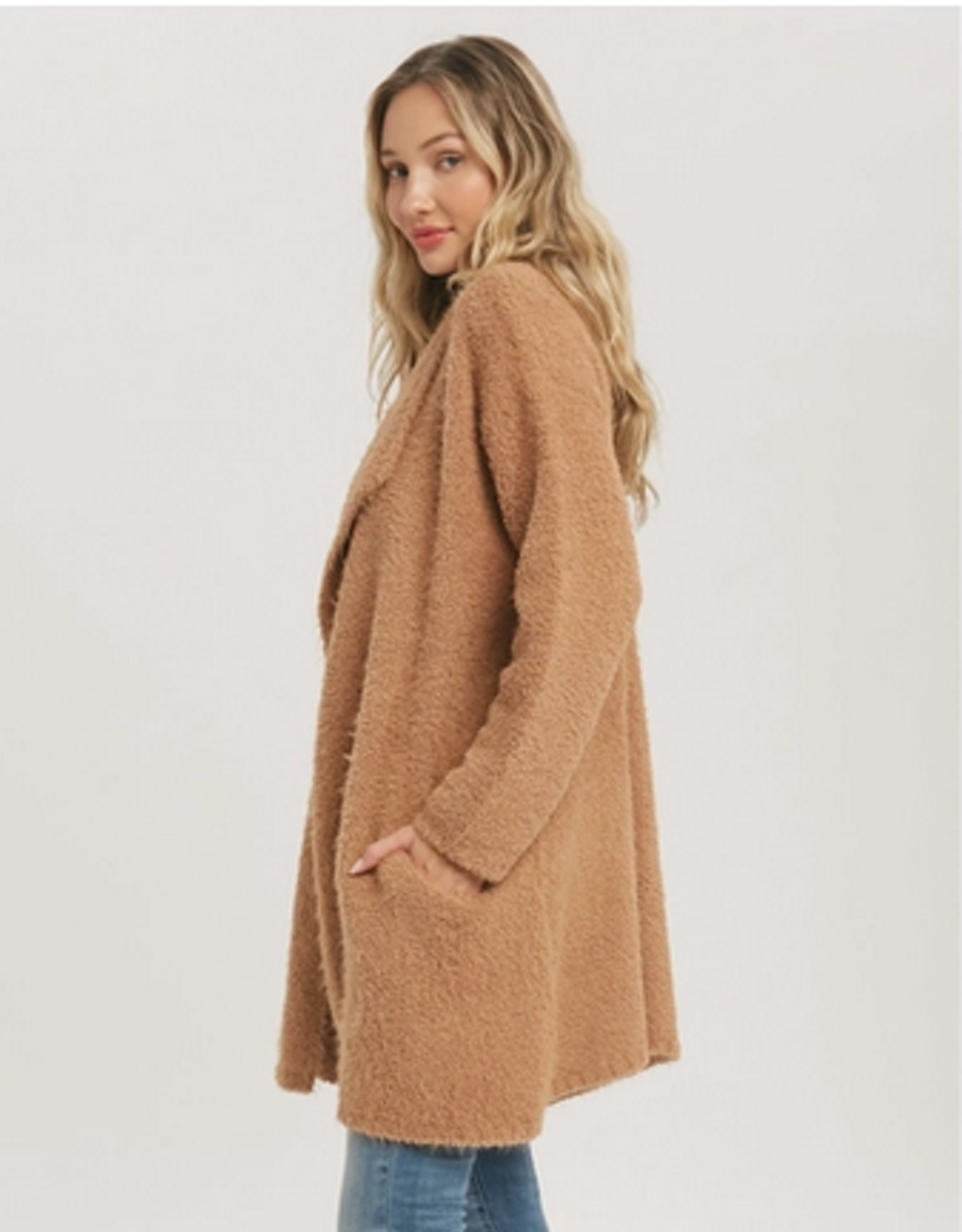 Soft Fuzzy Drape Front Cardigan - Camel 