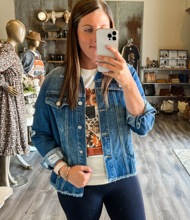 Women's Long Oversized Distressed Denim Jacket- Long Denim Mid-Wash Jacket  - Dark Blue/Medium - Walmart.com