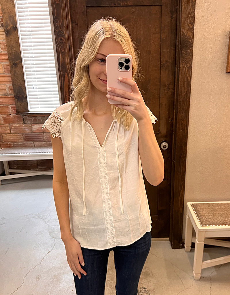 Short Sleeve V Neck Lace Trim Solid Top - White