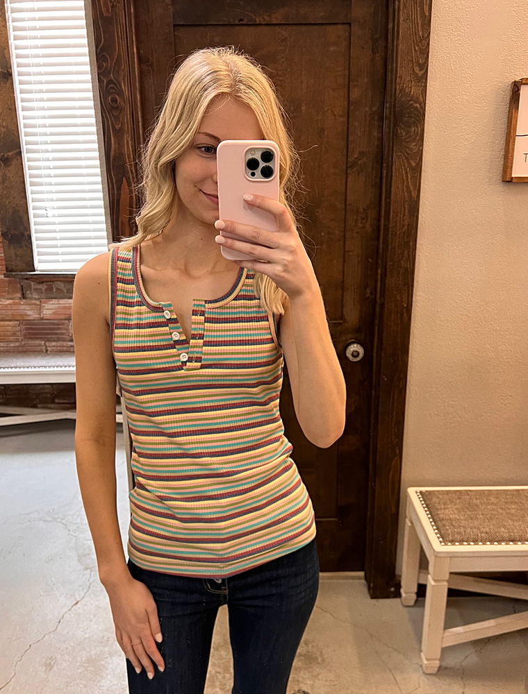 Multicolor Striped Buttons Ribbed Knit Top