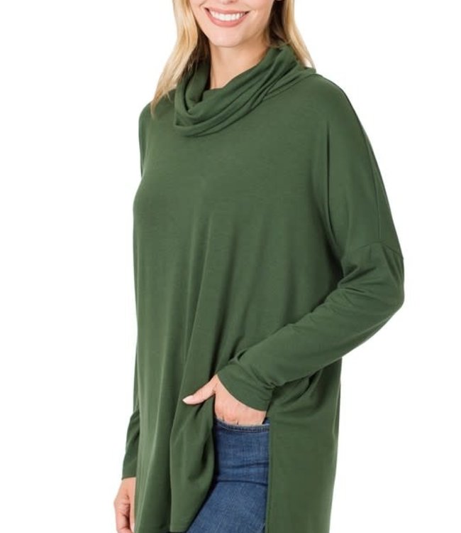 Cowl Neck Long Sleeve Hi-Low Top - Army Green