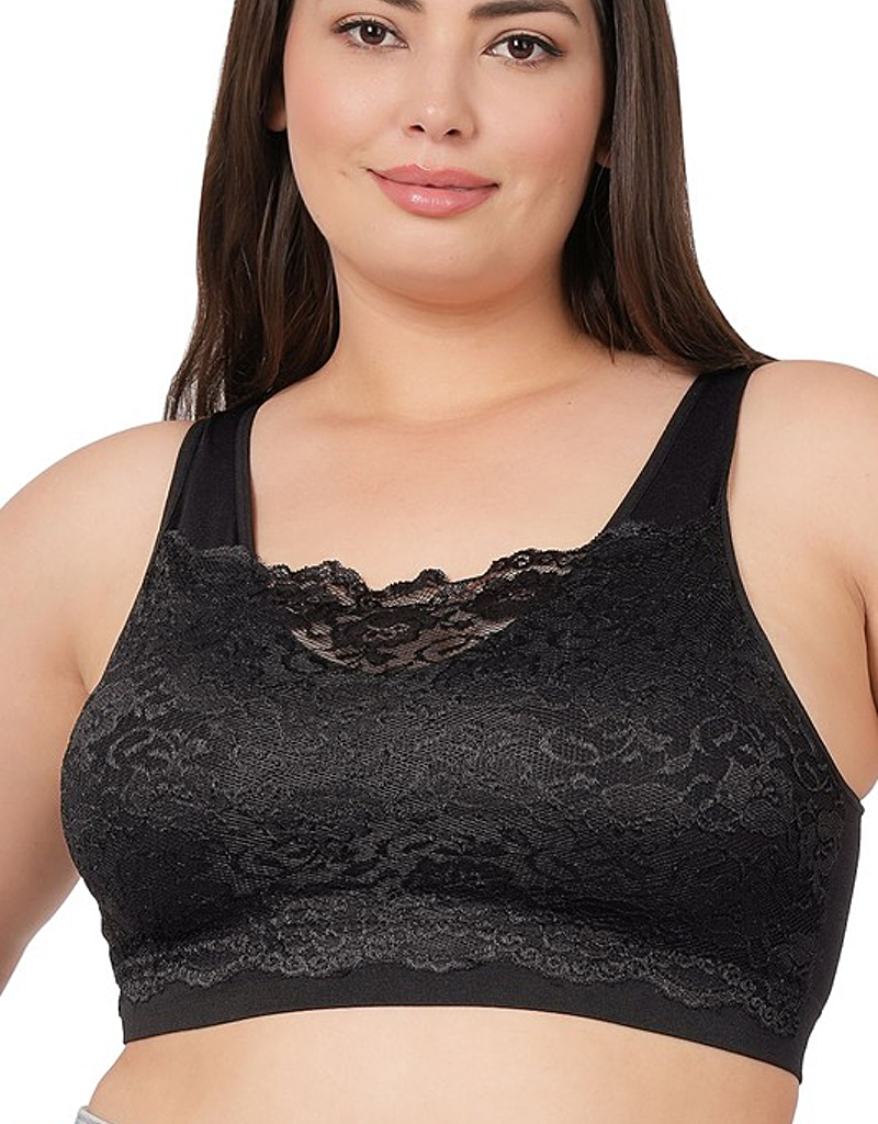 dygtige stykke Økologi Seamless Bra Top With Front Lace Cover - Black - Boutique 23