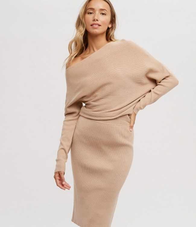 Adley Asymmetrical Open Shoulder Sweater Dress