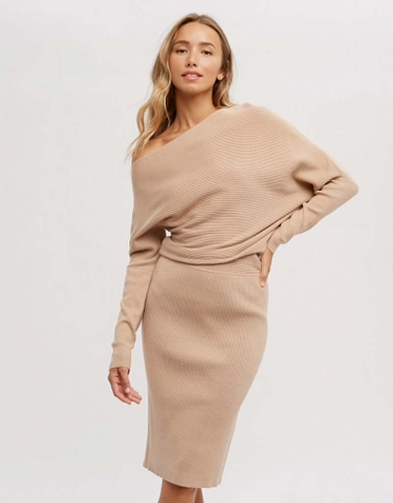 Adley Asymmetrical Open Shoulder Sweater Dress