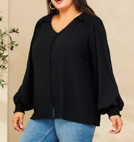 Solid Long Puff Sleeves Woven Blouse - Black