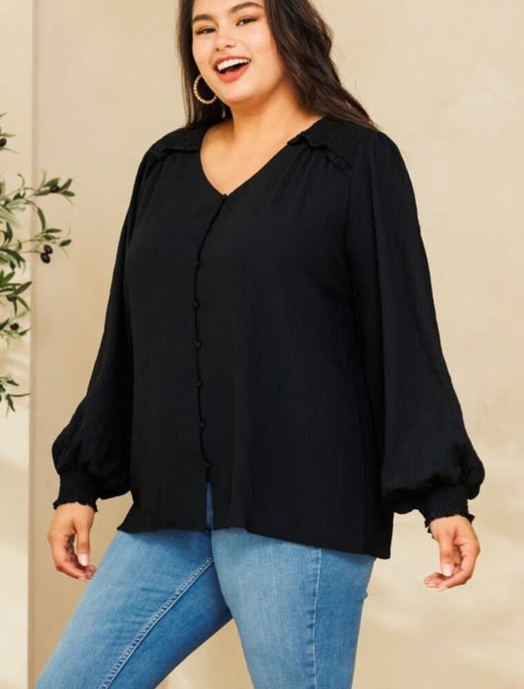 Solid Long Puff Sleeves Woven Blouse - Black