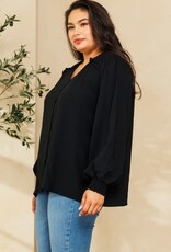 Solid Long Puff Sleeves Woven Blouse - Black