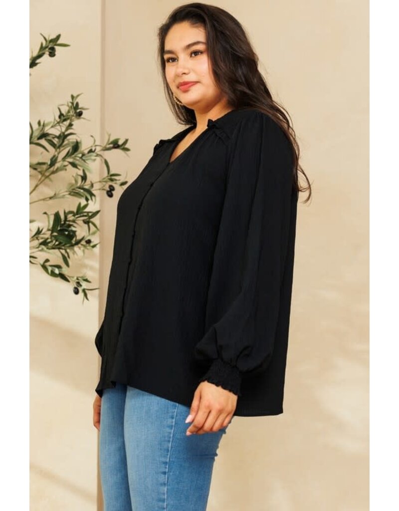 Solid Long Puff Sleeves Woven Blouse - Black