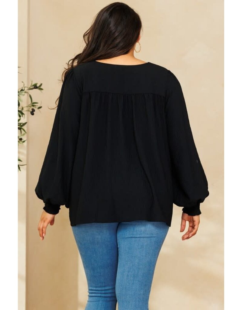 Solid Long Puff Sleeves Woven Blouse - Black