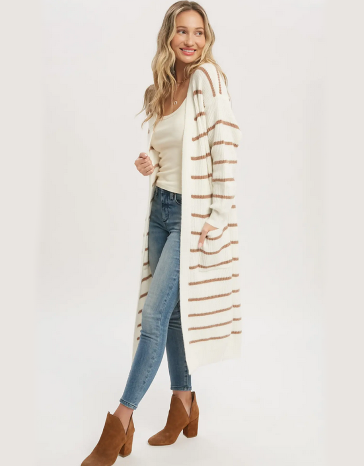 Stripe Longline Cardigan - Ivory/Cocoa 