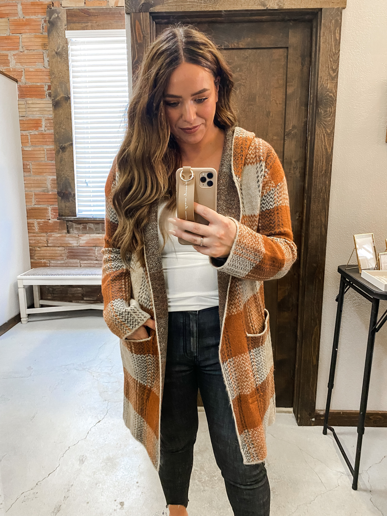 Thick Hooded Plaid Cardigan - Camel 