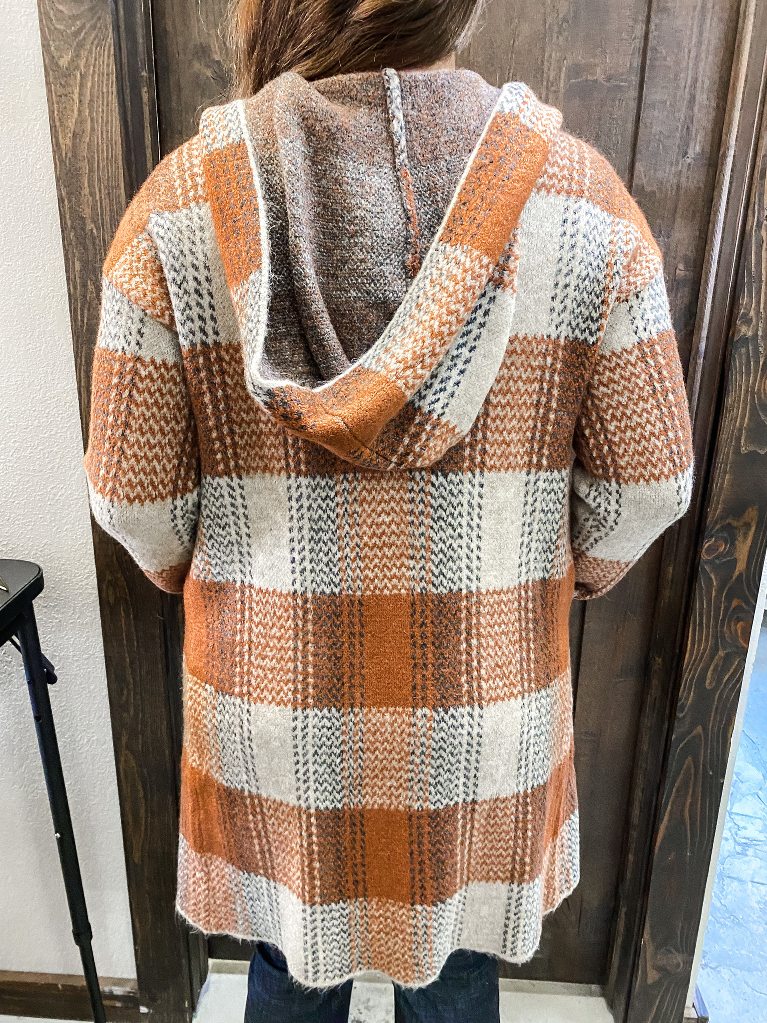 Thick Hooded Plaid Cardigan - Camel 