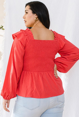 Textured Dot Fabric Ruffle Smocked Blouse - Deep Coral