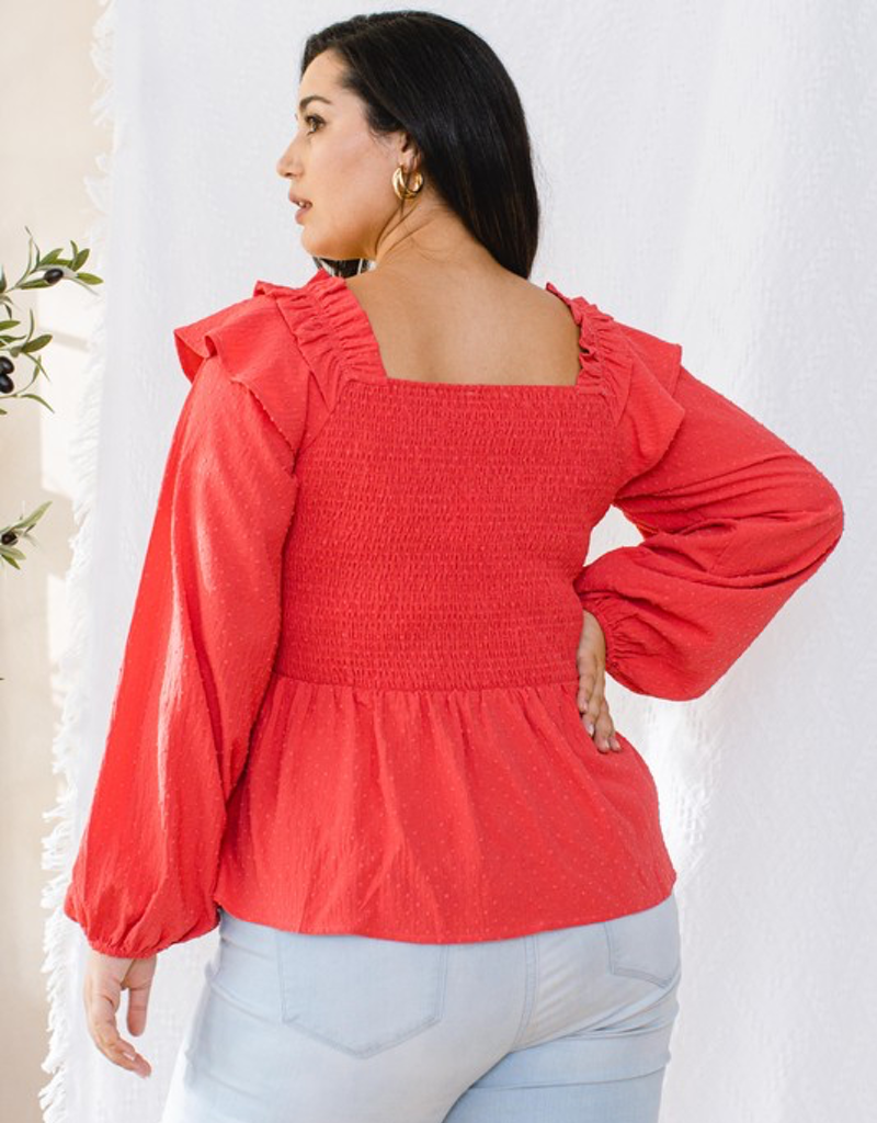 Textured Dot Fabric Ruffle Smocked Blouse - Deep Coral