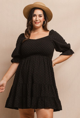 Smocked Bodice Mini Dress - Black