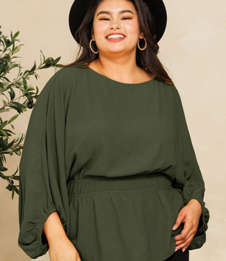 Balloon Sleeve Boat Neck Blouse - Ash Olive