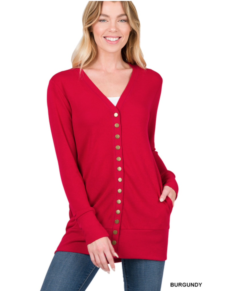 Snap Cardigan Full Sleeve With Pockets - Burgundy