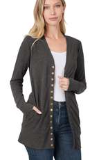 Snap Cardigan Full Sleeve With Pockets - Charcoal